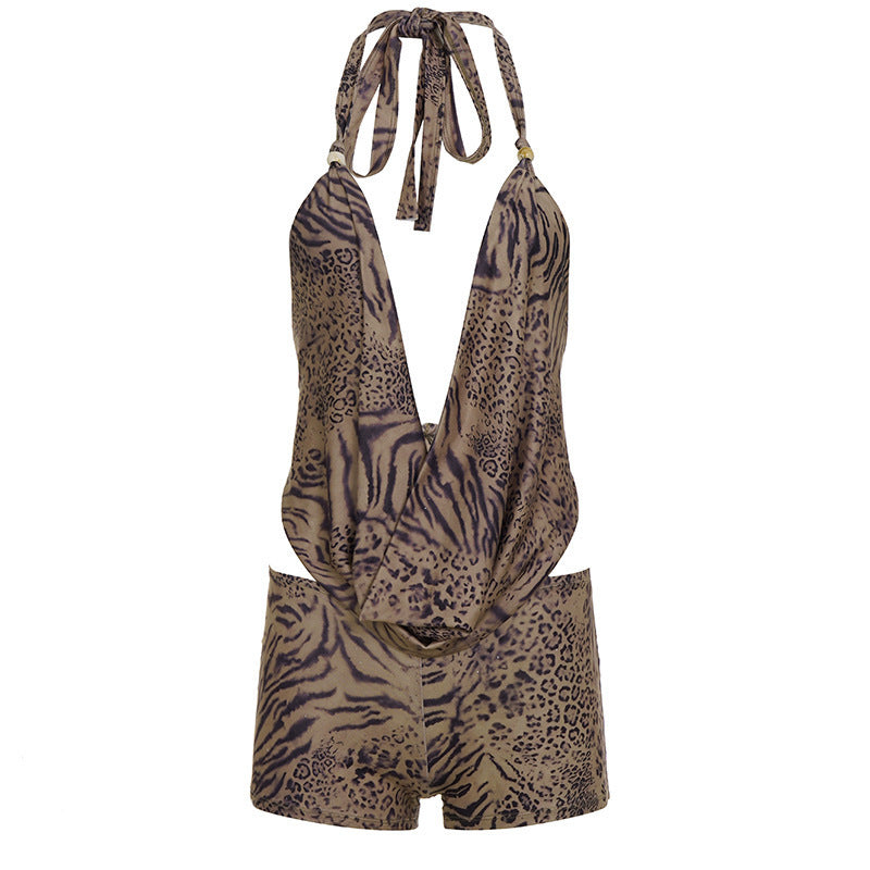 Damen eleganter Einteiler mit tiefem V-Ausschnitt und verspieltem Animal-Print Drune