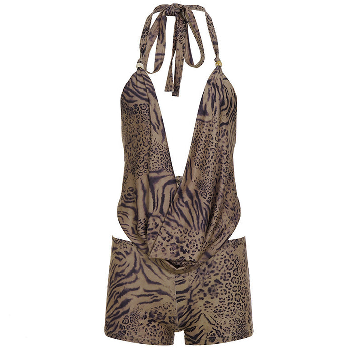 Damen eleganter Einteiler mit tiefem V-Ausschnitt und verspieltem Animal-Print Drune
