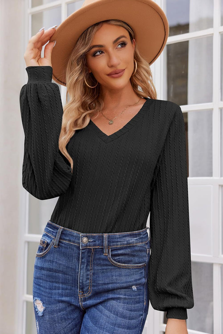 Damen Strickbluse mit feiner Rippstruktur und lässigem V-Ausschnitt Drune