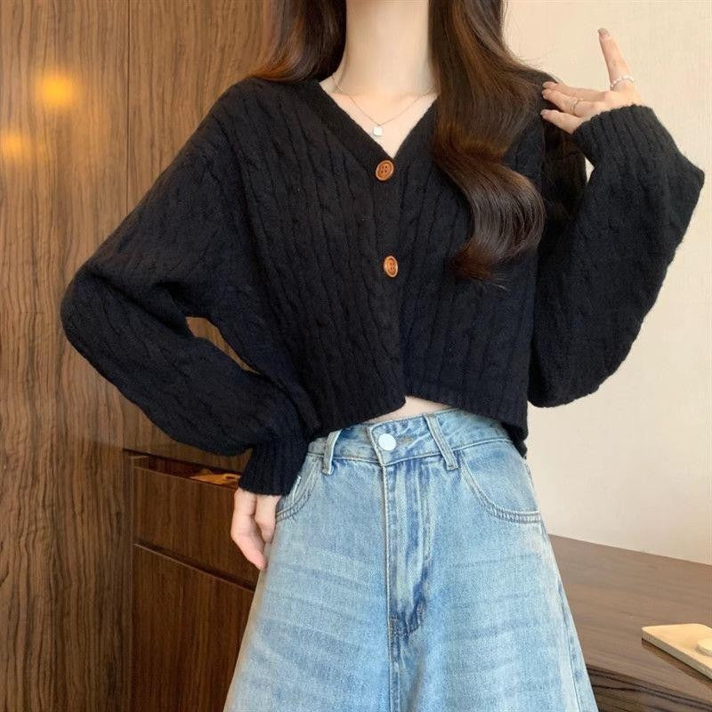 Damen kuscheliger Strickcardigan mit V-Ausschnitt und großen Knöpfen Drune