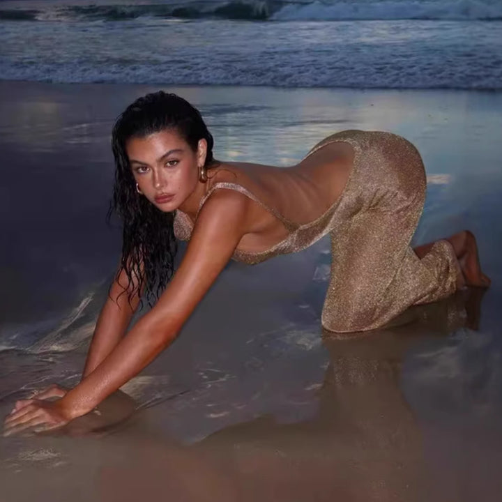 Damen Transparente Maxikleid mit schimmerndem Effekt Drune