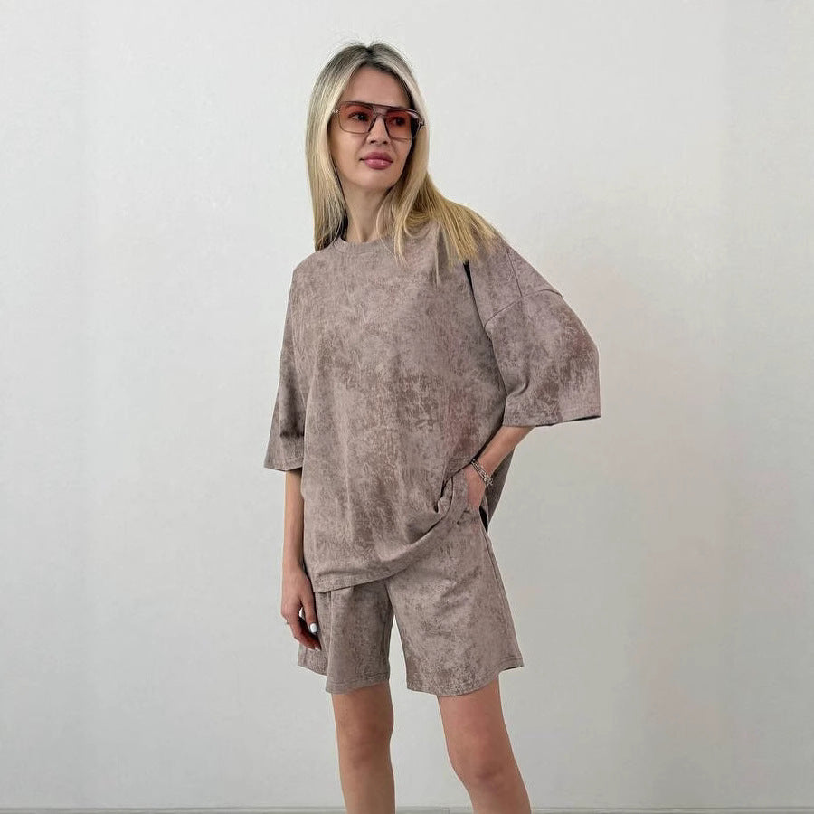 Damen lässiges Kurzarm-Set aus weichem Material mit bequemen Shorts Drune
