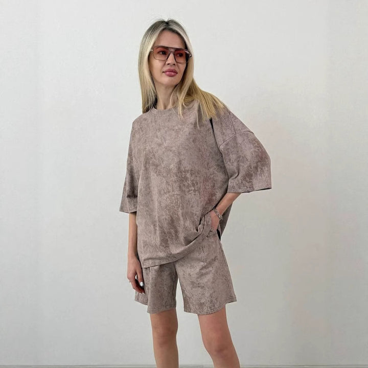 Damen lässiges Kurzarm-Set aus weichem Material mit bequemen Shorts Drune