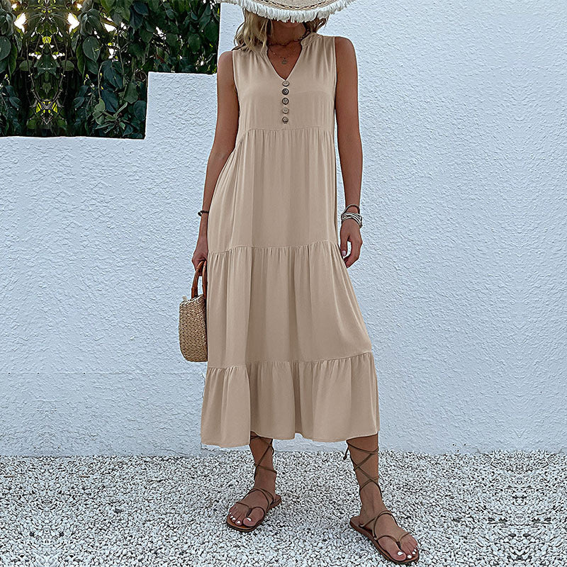 Damen luftiges Maxikleid mit Knopfdetails und Rüschensaum Drune