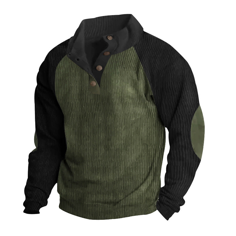 Herren nan Cordoptik-Halbknopf-Pullover mit Stehkragen, Raglanärmeln und Ellenbogenpatches Drune