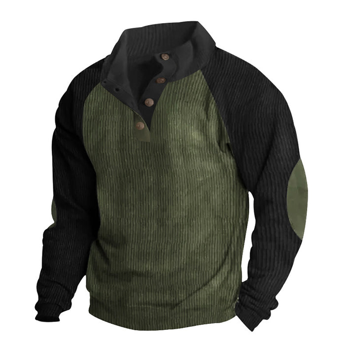 Herren nan Cordoptik-Halbknopf-Pullover mit Stehkragen, Raglanärmeln und Ellenbogenpatches Drune