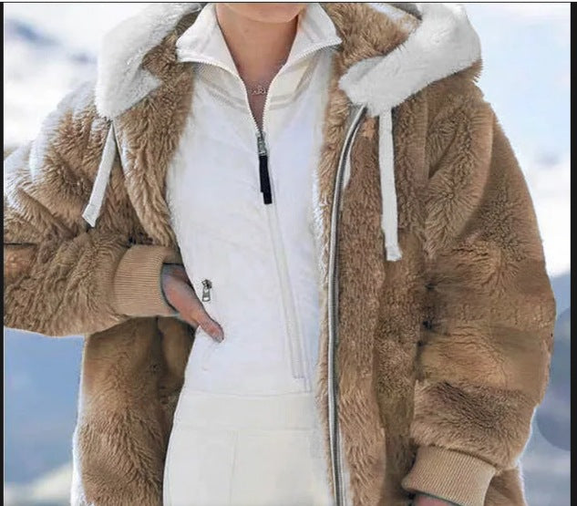 Damen Kuschelige Kunstpelzjacke mit Kapuze Drune