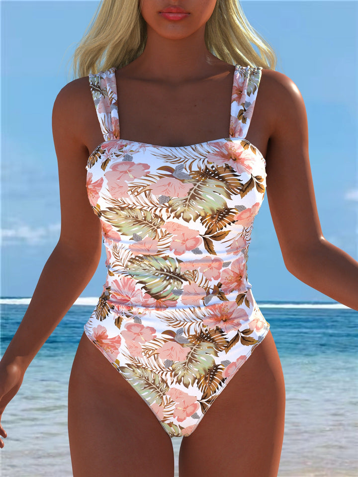 Damen einteiliger Badeanzug mit floraler und tierischer Musterkombination Drune