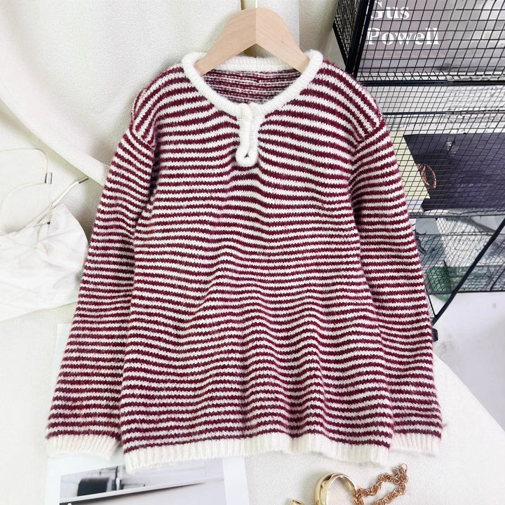 Damen lässiger Streifenpullover mit dekorativem Knopfdetail Drune