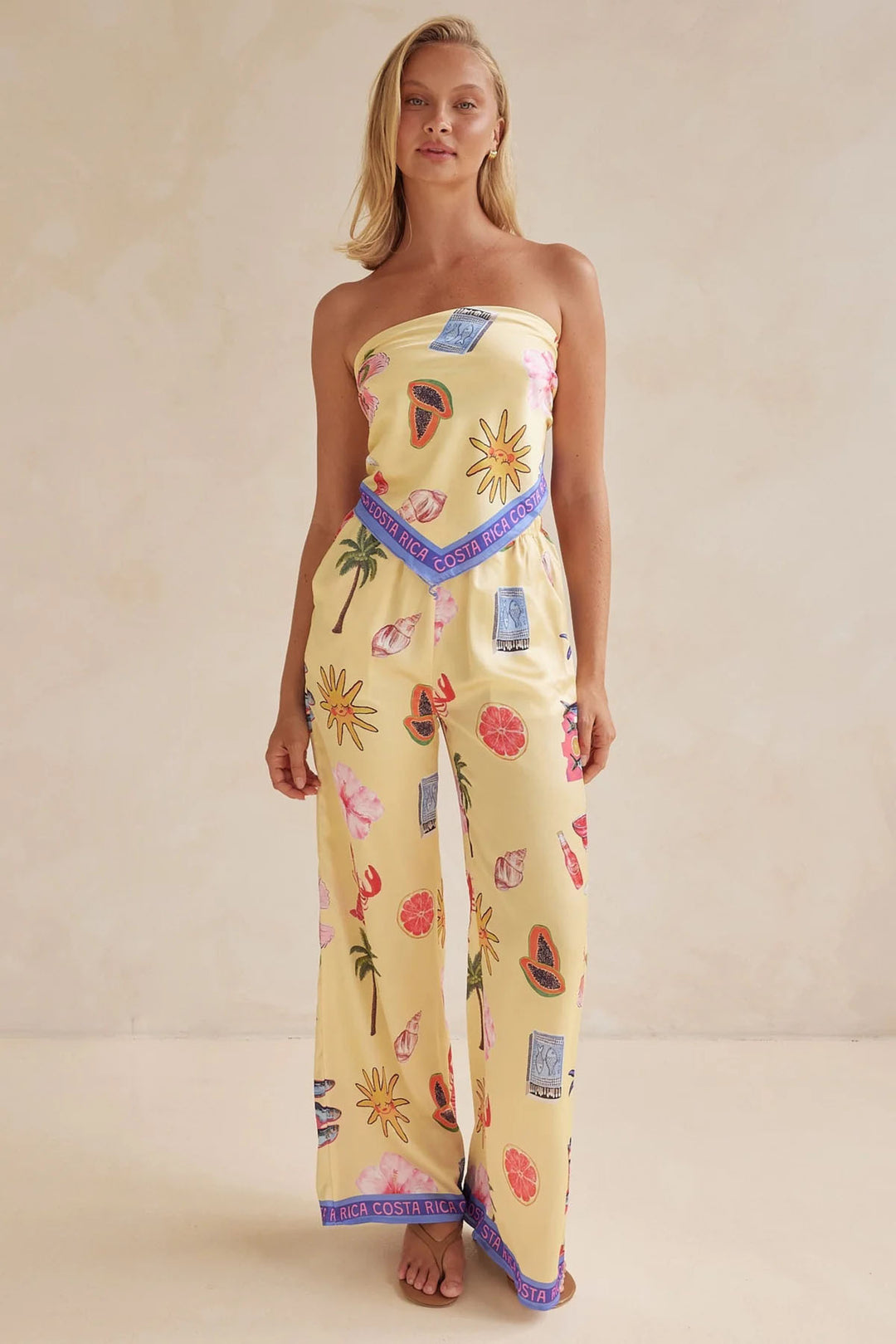 Damen Jumpsuit mit verspielten tropischen Mustern und elastischem Oberteil Drune