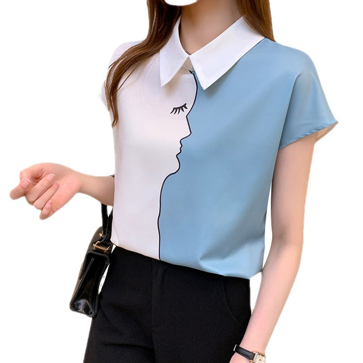 Damen kurzärmelige Bluse mit kreativem Gesichtsmotiv Drune