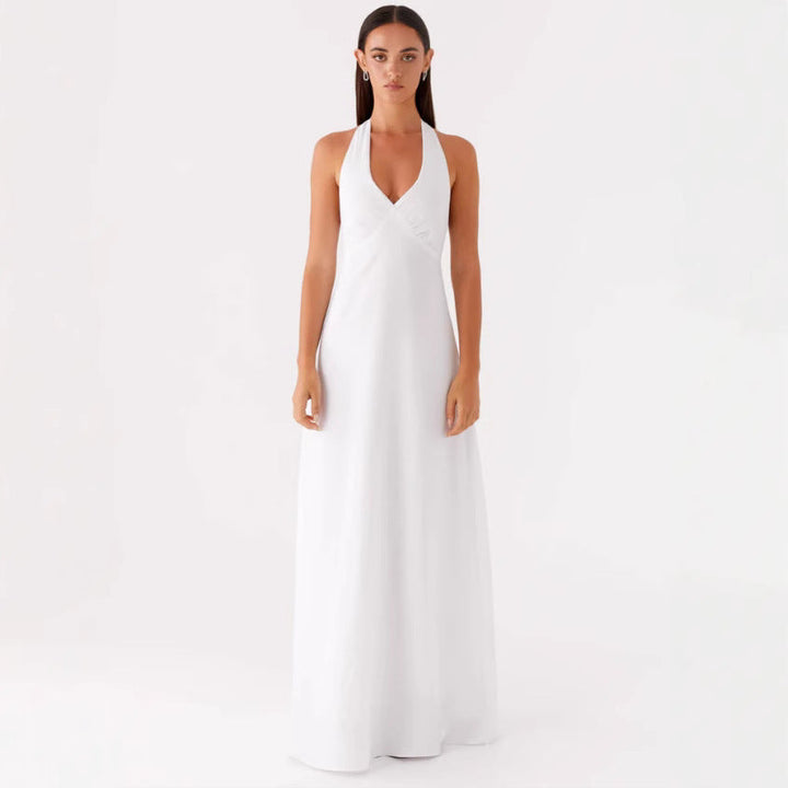 Damen Elegantes ärmelloses Hochzeitskleid mit Taillierungsband und fließendem Stoff Drune