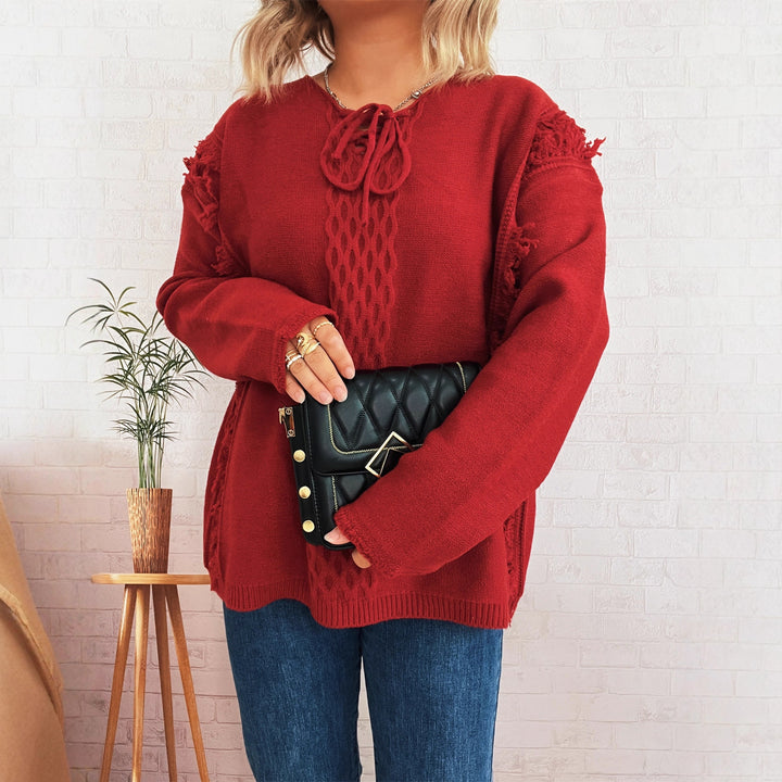 Damen Oversize-Strickpullover mit verspieltem Fransen-Design und Zopfmuster Drune
