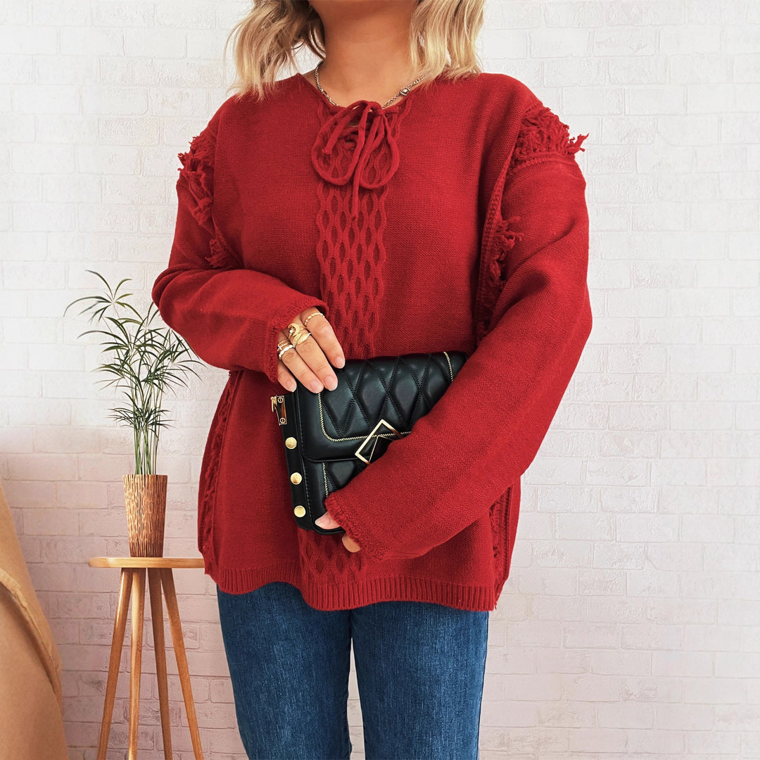 Damen Grobstrickpullover mit lässigen Fransen und dekorativem Zopfdesign Drune