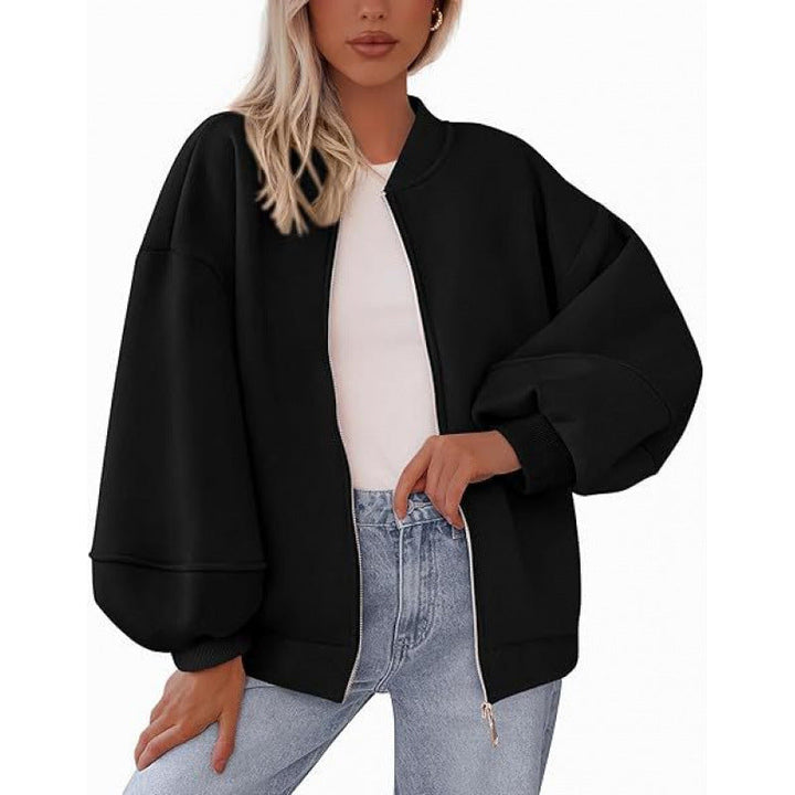Damen lässige Oversized-Jacke mit Reißverschluss und ballonen Ärmeln Drune