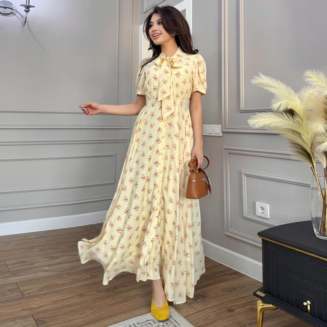 Damen Maxikleid mit eleganter Schleifenbindung und romantischem Blütenmuster Drune