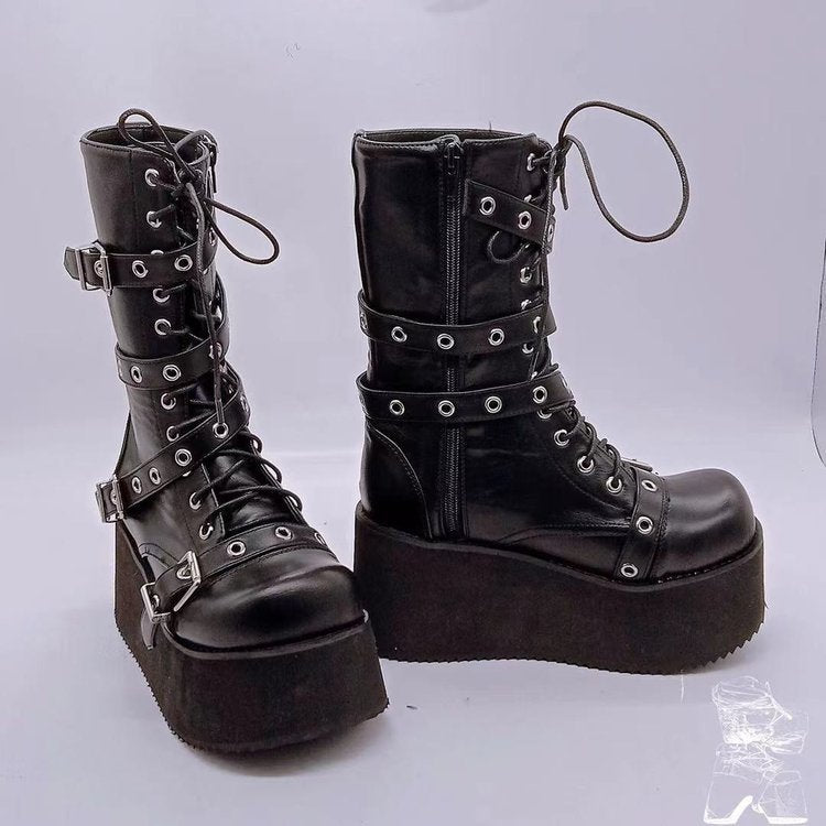 Damen nan hochschaftige Gothic Plateau-Boots mit mehrfachen Metallschnallen, Ösen und seitlichem Reißverschluss Drune