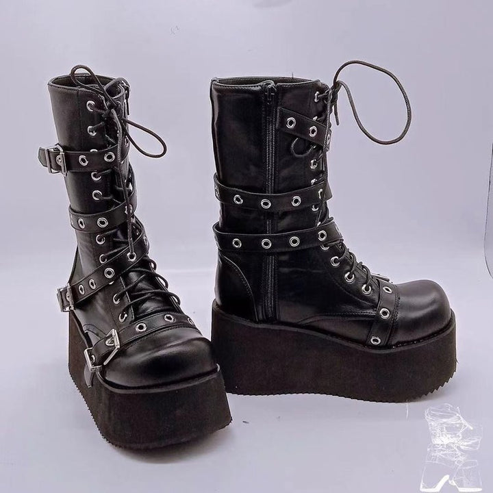 Damen nan hochschaftige Gothic Plateau-Boots mit mehrfachen Metallschnallen, Ösen und seitlichem Reißverschluss Drune