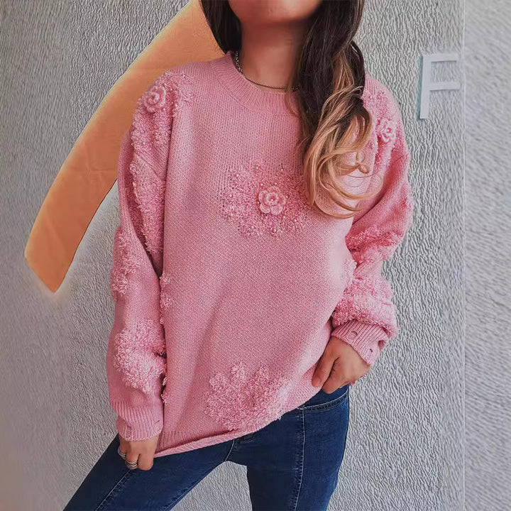 Damen fröhlicher Pullover mit floralen Applikationen und strukturiertem Strickdesign Drune