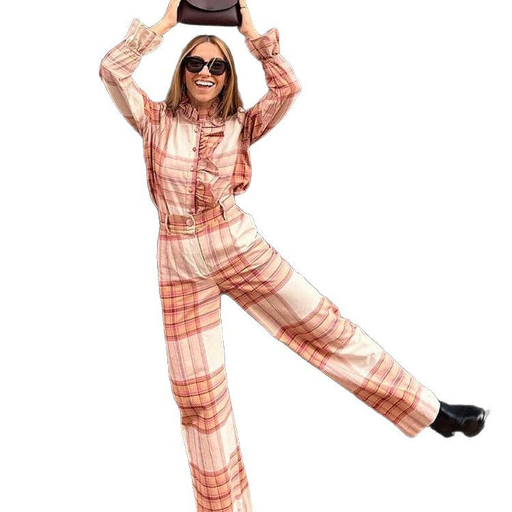 Damen Karomuster Jumpsuit mit Gürtel und Rüschen Drune