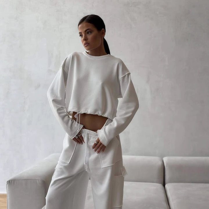 Damen lässiges cropped Sweatshirt mit Kordelzug und weiten Hosen Drune
