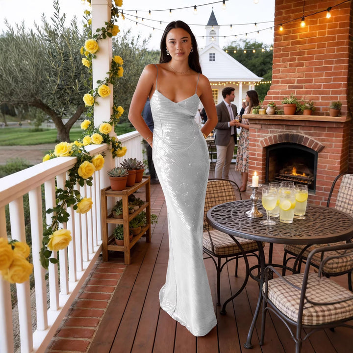Damen Elegantes Abendkleid mit funkelnden Pailletten und tiefem V-Ausschnitt Drune