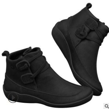 Damen nan knöchelhohe Freizeit-Stiefelette aus softem Lederimitat mit gepolstertem Komfortfußbett und dekorativen Klettriemen Drune