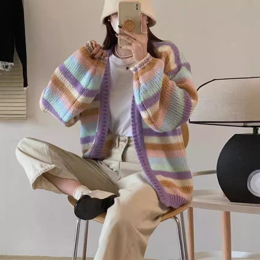 Damen lässiger Strickcardigan mit buntem Streifenmuster und weiten Ärmeln Drune