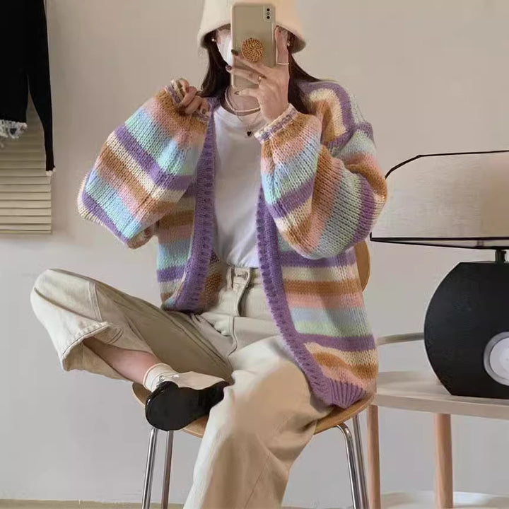 Damen lässiger Strickcardigan mit buntem Streifenmuster und weiten Ärmeln Drune