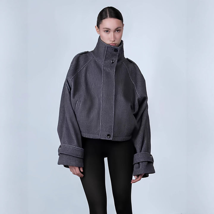Damen oversized Cropped-Jacke mit hohem Kragen und ausgefallenem Ärmel Drune