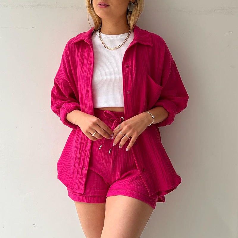 Damen nan lässiges oversized Hemd und Shorts Set mit Brusttasche Kordelbund und gerauter Baumwollstruktur Drune