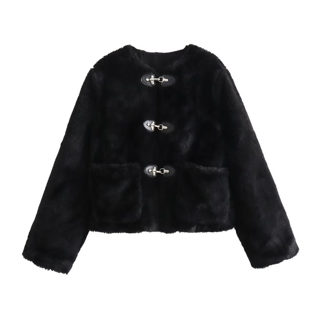 Damen modische Teddyjacke mit vintage Knopfdetails und aufgesetzten Taschen Drune