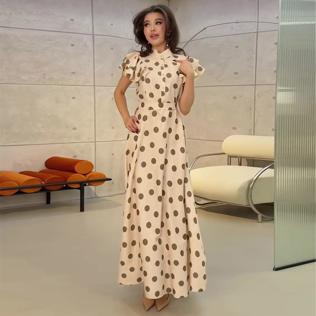 Damen Maxikleid mit voluminösen Rüschendetails und polka-dot Muster Drune