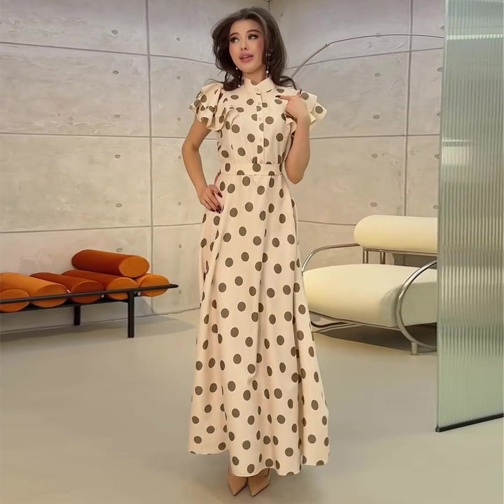 Damen Maxikleid mit voluminösen Rüschendetails und polka-dot Muster Drune