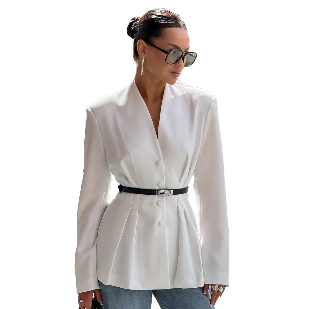 Damen Elegante taillierte Blazerjacke mit gelegten Falten und Gürtel Drune