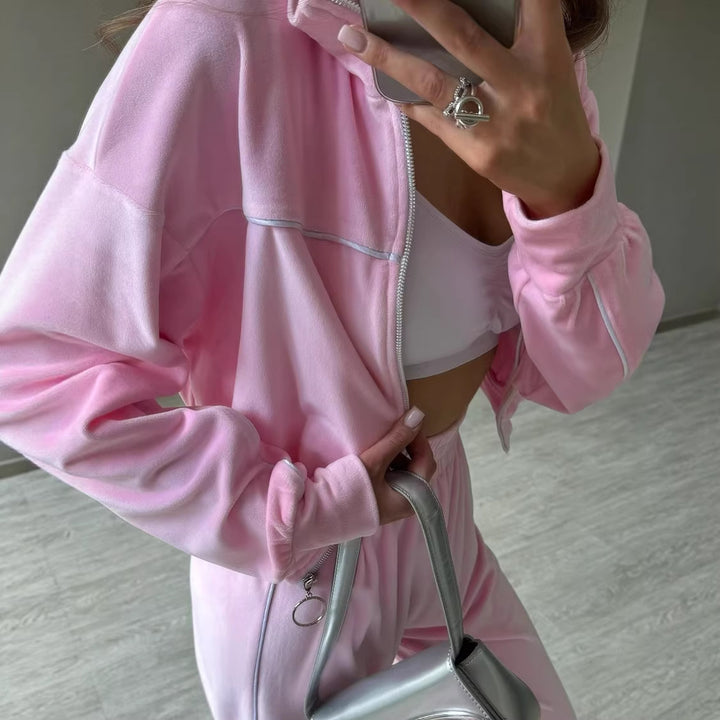 Damen Sportliches Velours-Joggingset mit hohem Kragen und Reißverschluss Drune
