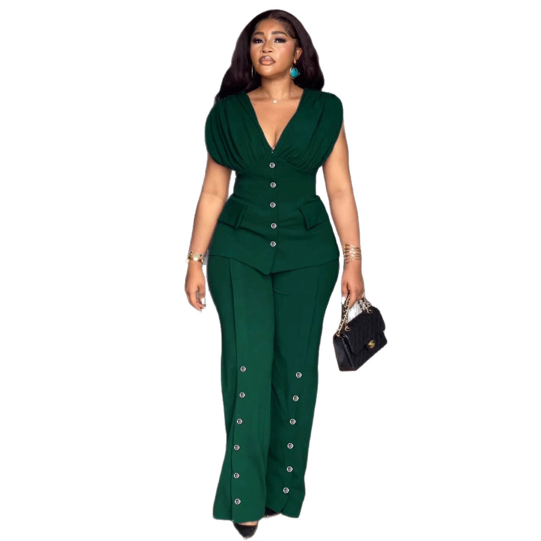 Damen elegantes Jumpsuit mit tiefem V-Ausschnitt und auffälligen Knopfdetails Drune