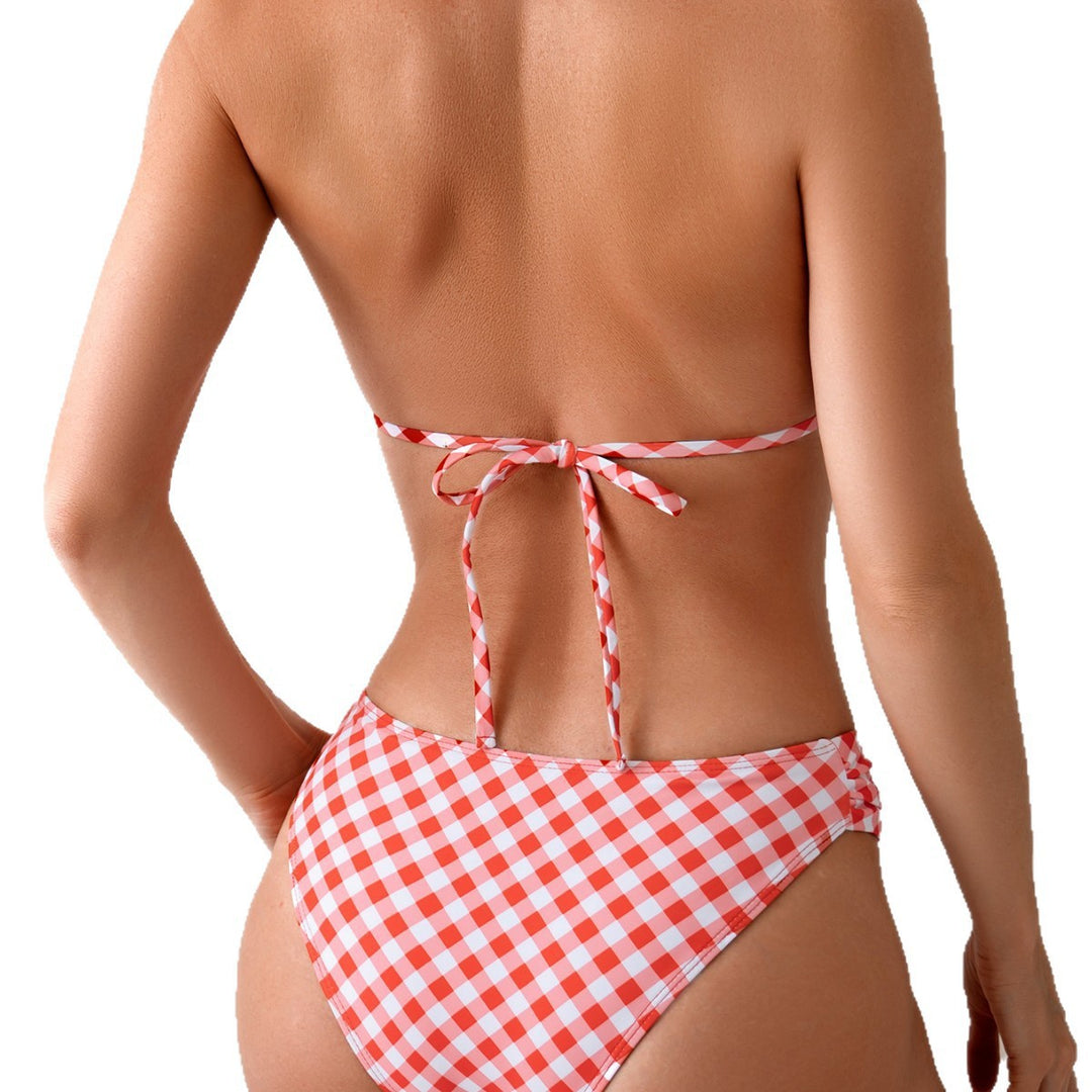 Damen Triangel-Bikini mit verspieltem Karomuster und eleganten Schleifen Drune
