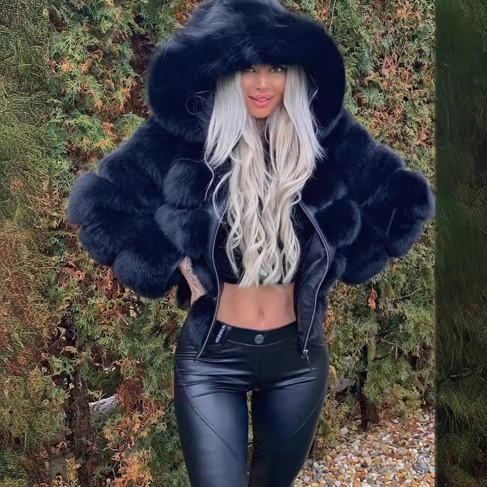 Damen Sportliche Kunstpelzjacke mit Kapuze Drune