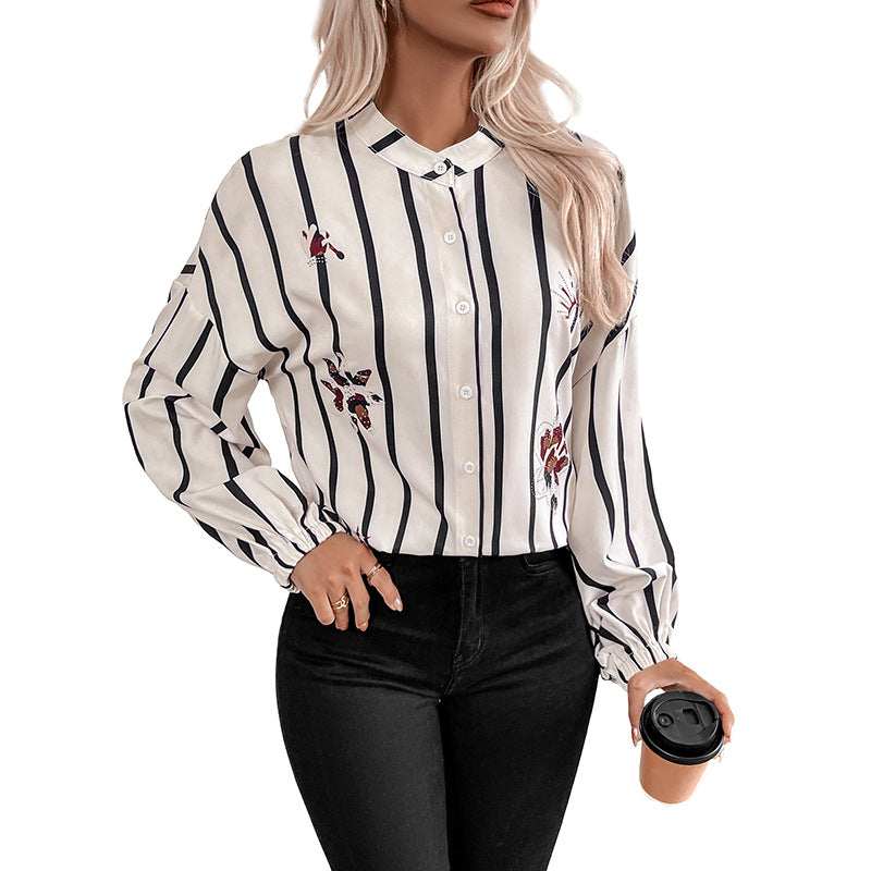 Damen gestreifte Bluse mit eleganten Stickereien und modischen Puffärmeln Drune