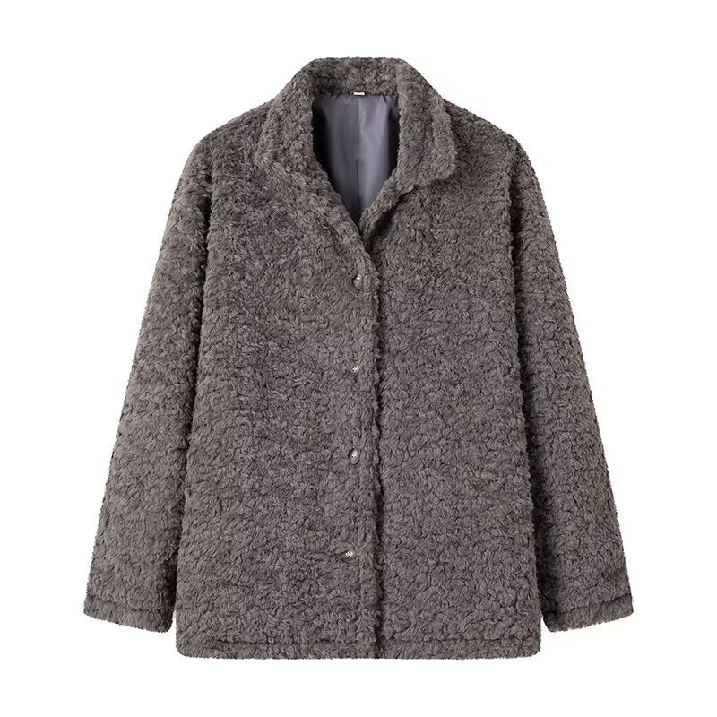 Damen kuschelige Fleecejacke mit Knopfverschluss und hohen Kragen Drune