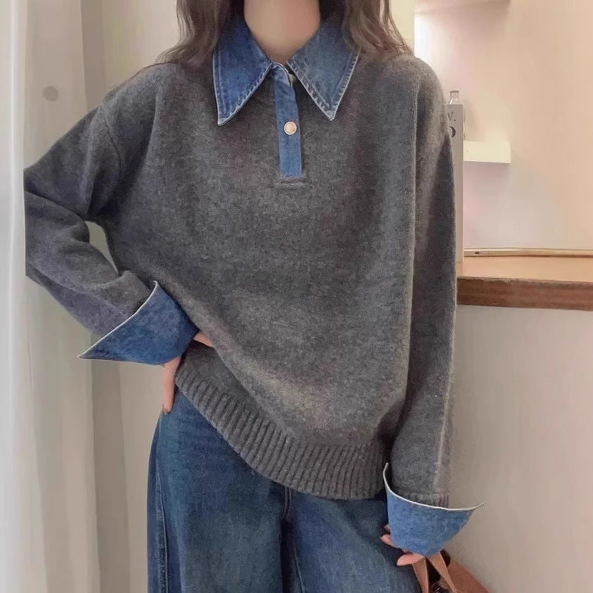 Damen Pullover mit modischem Hemdkragen und weichem Material Drune