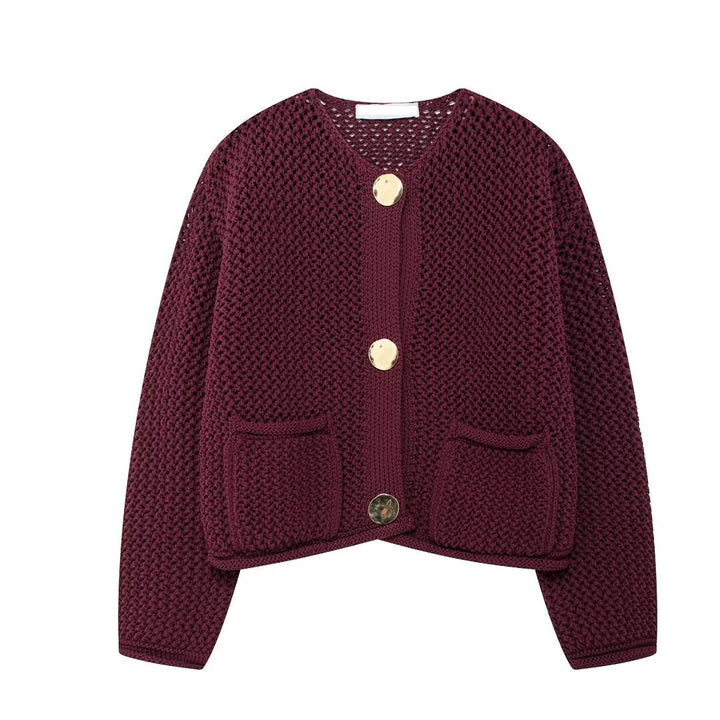 Damen modische Strickjacke mit goldenen Knöpfen und Eingrifftaschen Drune