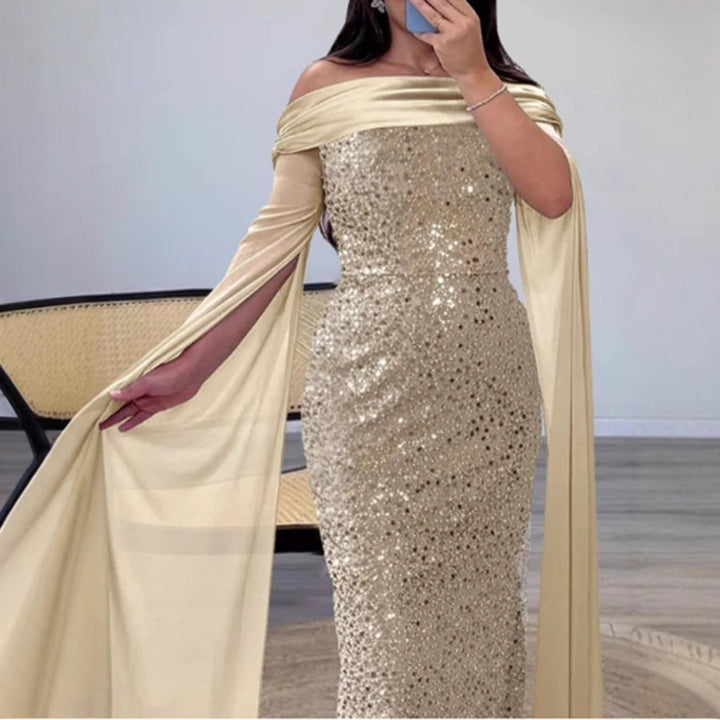 Damen Glitzerndes Abendkleid mit schulterfreiem Design und eleganten langen Ärmeln Drune