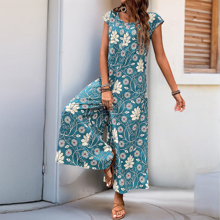 Damen Jumpsuit mit floralem Design und kastanienbraunem Bindegürtel Drune