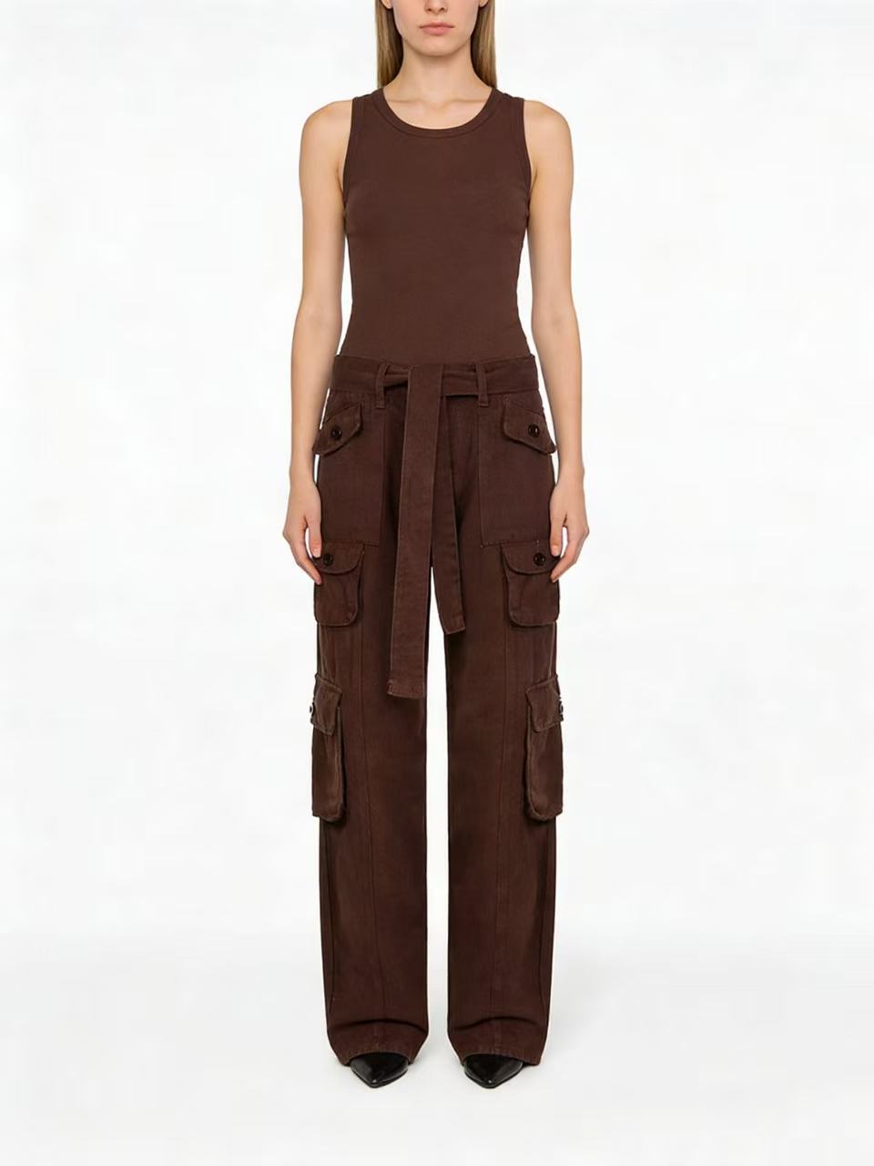 Damen nan weite Cargo-Hose mit hoher Taille, Bindegürtel und mehreren aufgesetzten Klappentaschen Drune