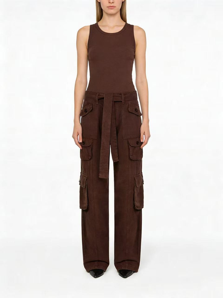 Damen nan weite Cargo-Hose mit hoher Taille, Bindegürtel und mehreren aufgesetzten Klappentaschen Drune
