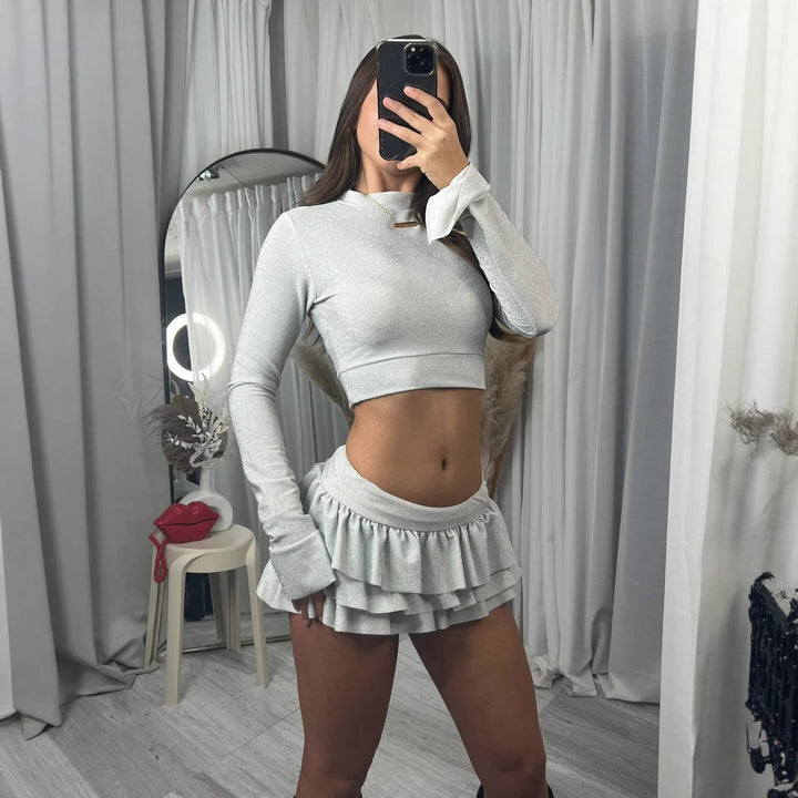 Damen modisches Crop-Top und plissierte Mini-Rock Set Drune