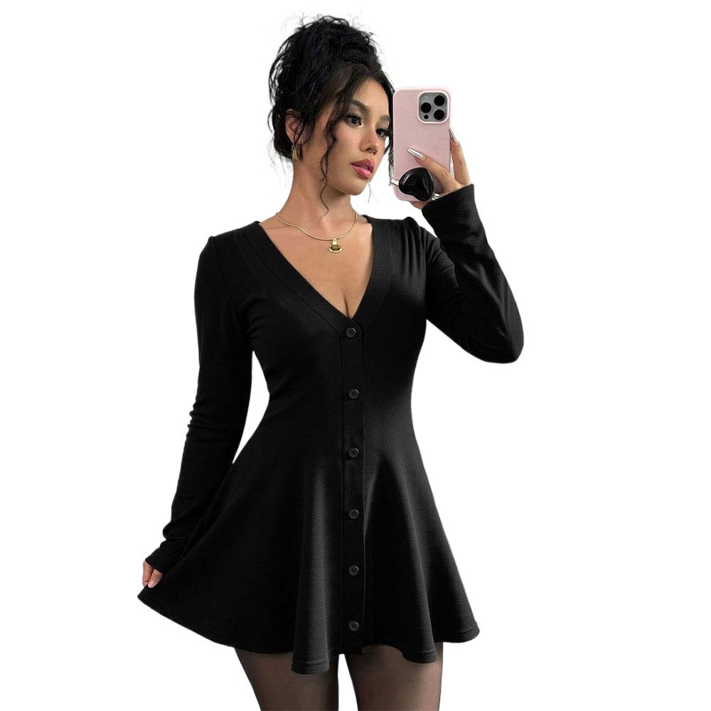 Damen Knielanges Strickkleid mit tiefem V-Ausschnitt und Knopfleiste Drune