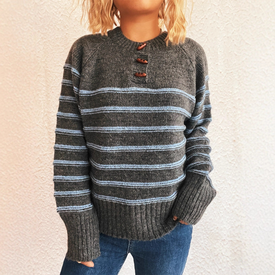 Damen gemusterter Strickpullover mit Knopfdetails und weitem Hals Drune